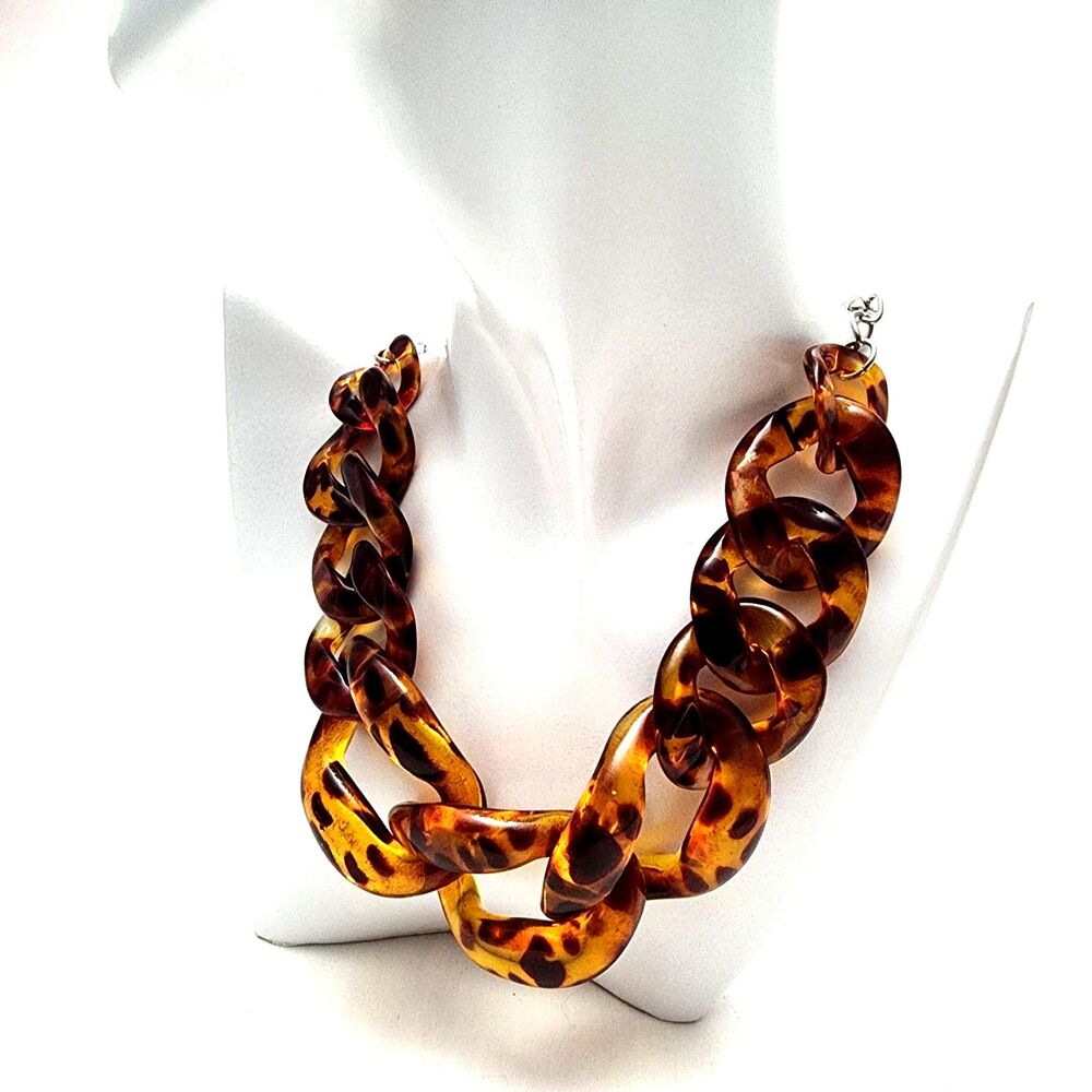 Chunky Faux Tortoiseshell Link Necklace 22" Silver Tone Chain Dark Academia